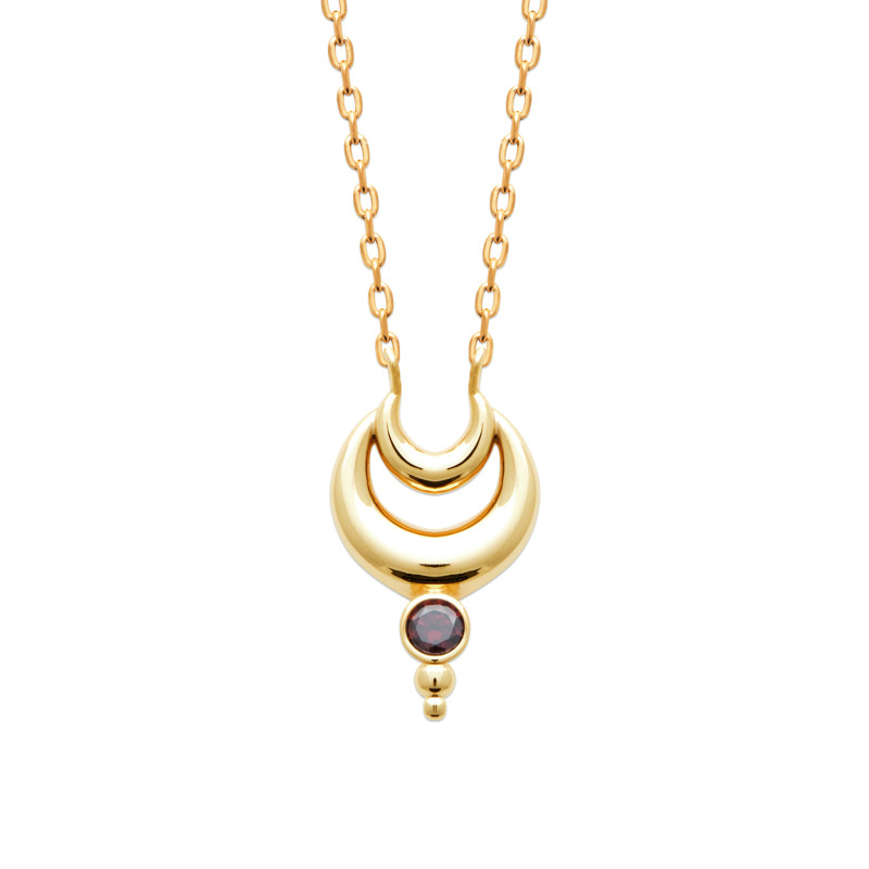 Collier plaqué or avec pendentif double croissant de lune et pierre rouge