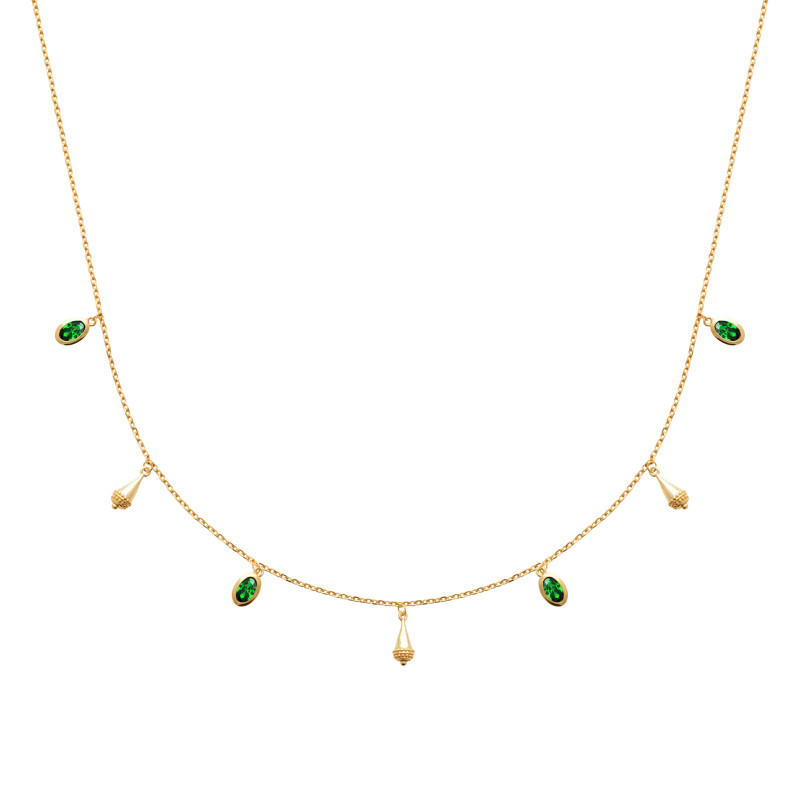Collier plaqué or avec breloques vertes et dorées