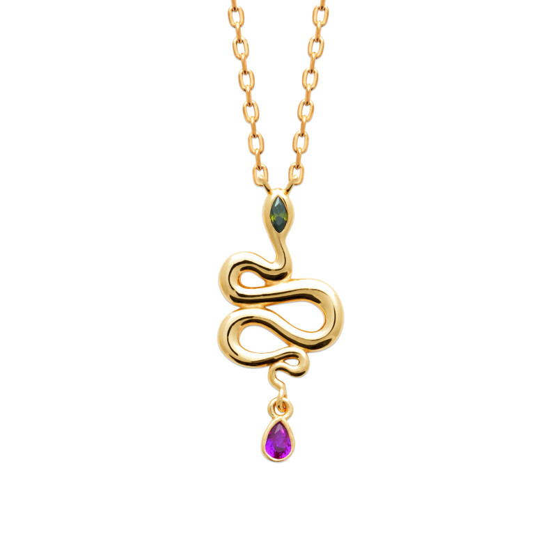 Collier plaqué or avec pendentif serpent et pierres précieuses