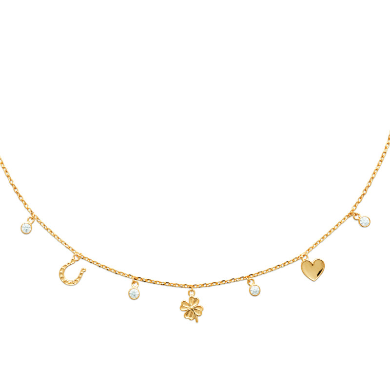 Collier plaqué or avec pendentifs symboliques et pierres précieuses