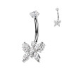 Piercing nombril en titane avec pendentif papillon et cristaux