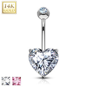 Piercing Nombril Argent 925 - Grand Cœur Zircone AAAAA+ - Bijou Corps Femme, Taille 8/10/12mm, 14G