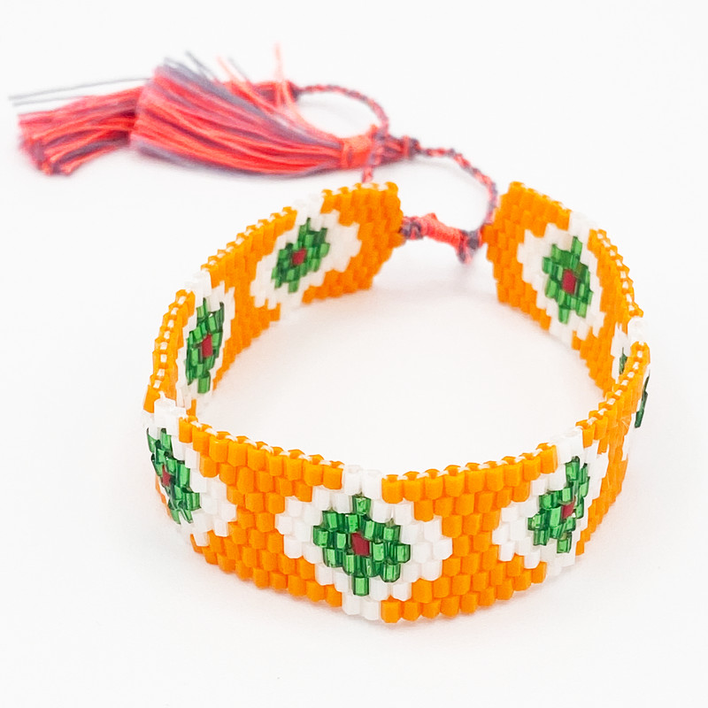 Bracelet Miyuki - Orange Éclatant avec Motifs Verts et Blancs