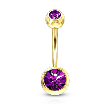 Piercing banane de nombril discret en plaqué Or bille 4 mm et 6 mm double zirconium couleur violet