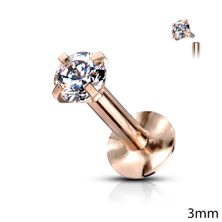 Piercing labret acier chirurgical de couleur or rose oxyde de zirconium 3 mm