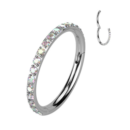 Anneau piercing clipper en acier chirurgical pavé de strass irisé