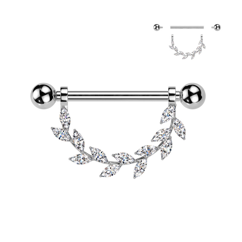 Piercing Téton Titane – Pendentif Feuilles Zirconium (1.6 x 14 mm, Filetage Interne) Piercing Téton Titane – Pendentif Feuilles Zirconium (1.6 x 14 mm, Filetage Interne)