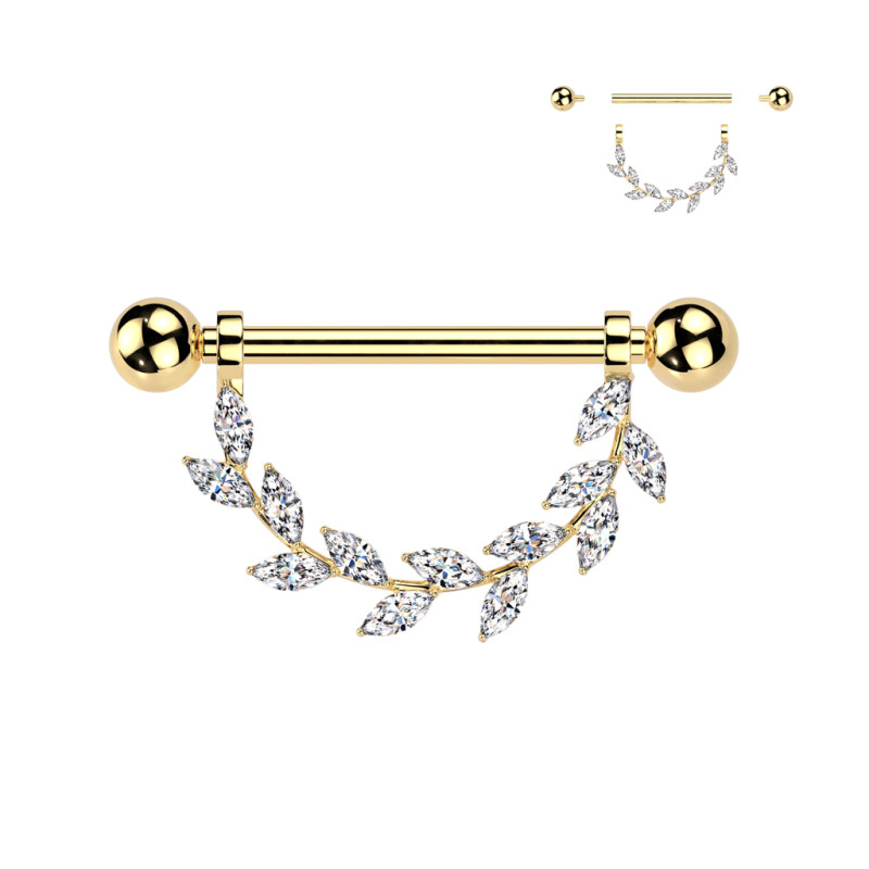 Piercing Téton Titane Doré – Feuillage Zirconium Marquise (1.6 x 14 mm, Filetage Interne) Piercing Téton Titane Doré – Feuillage Zirconium Marquise (1.6 x 14 mm, Filetage Interne)