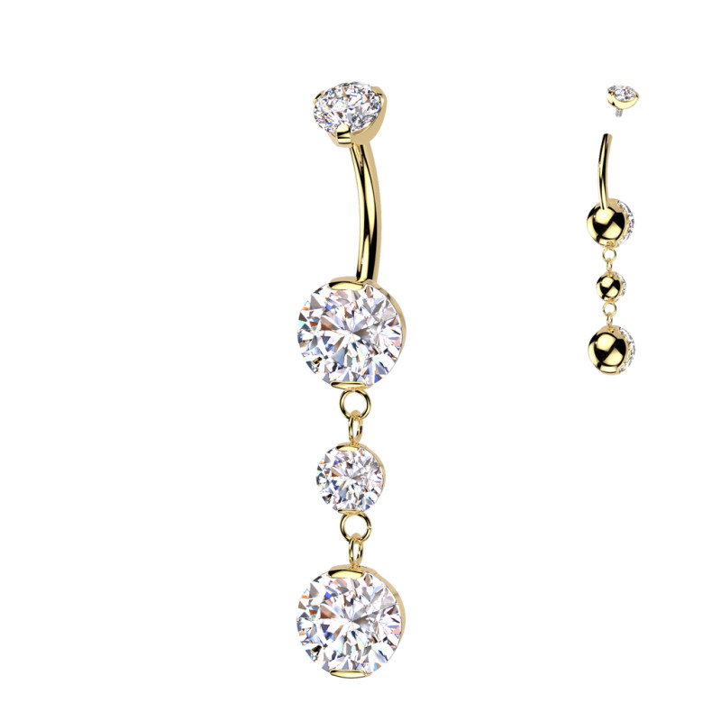 Piercing de Nombril en Titane Couleur Or avec Double Pendant Sertis Piercing de Nombril en Titane Couleur Or avec Double Pendant Sertis