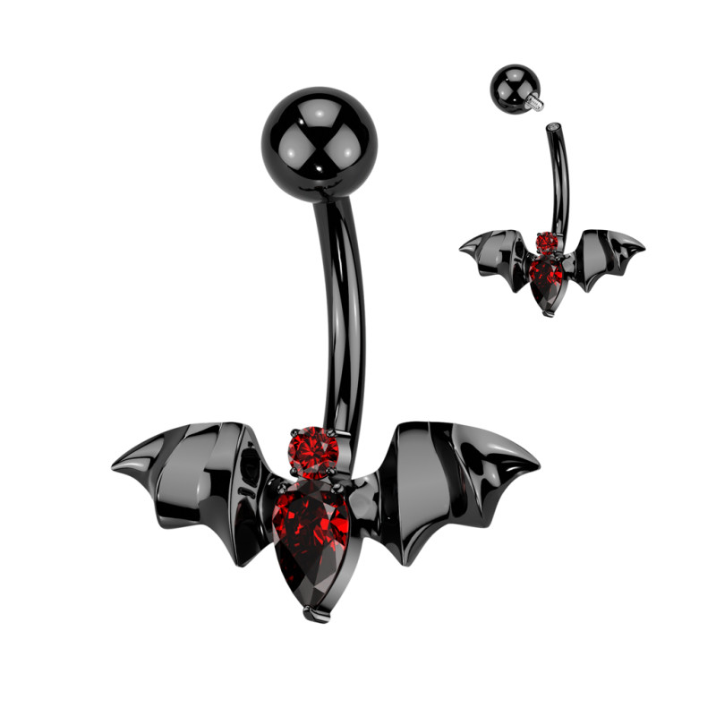 Piercing de Nombril Chauve-Souris en Titane Noir avec Zirconiums Rouges Piercing de Nombril Chauve-Souris en Titane Noir avec Zirconiums Rouges