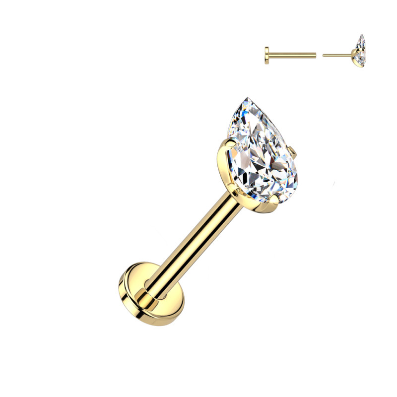 piercing nez labret titane doré avec zircon goutte – finesse et éclat