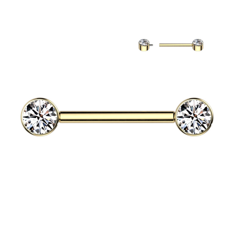 Piercing téton titane doré avec double zirconium serti clos