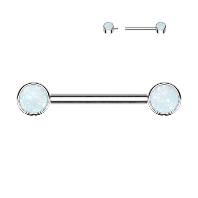 Piercing téton en titane avec opale blanche sertie clos