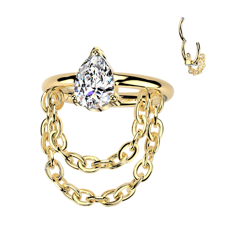Piercing oreille hélix en titane doré avec zircon goutte et double chaîne – Élégance et confort haut de gamme Piercing oreille hélix en titane doré avec zircon goutte et double chaîne – Élégance et confort haut de gamme
