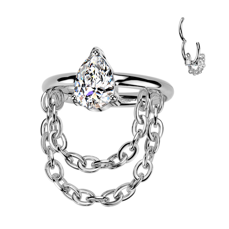 Piercing hélix ou conch en titane argenté avec zircon goutte et double chaîne – Style moderne et éclat raffiné Piercing hélix ou conch en titane argenté avec zircon goutte et double chaîne – Style moderne et éclat raffiné