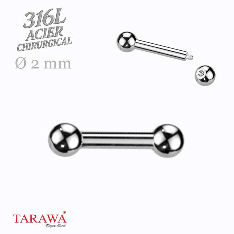 Barbell en acier chirurgical 316L – Diamètre 2 mm