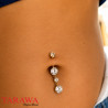 Piercing de Nombril en Titane Couleur Or avec Double Pendant Sertis