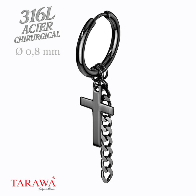 Boucle d’oreille créole noire avec croix et chaîne – acier chirurgical vendue à l’unité