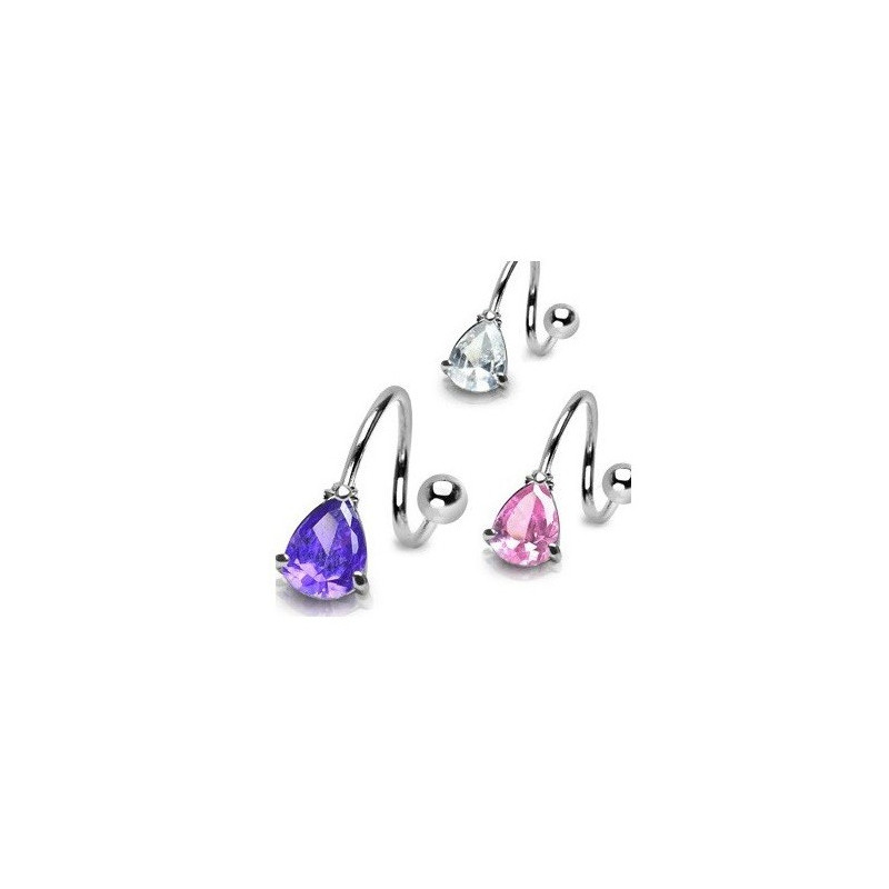 Piercing spiral acier chirurgical 1.6mm de diamètre cristal motif goutte d'eau pour nombril et piercing sexe féminin