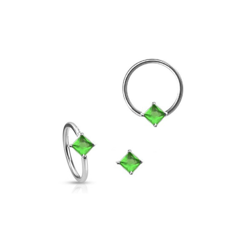 Anneau de piercing en acier chirurgical 1.6mm de diamètre avec cristal vert forme carré pour nombril teton et sexe féminin