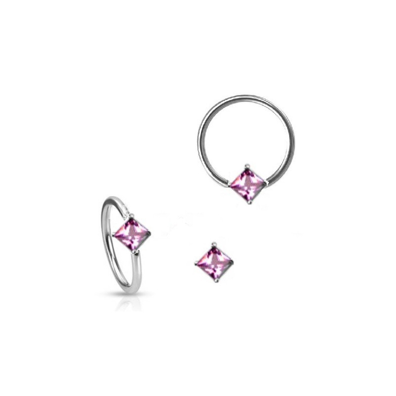 Anneau de piercing en acier chirurgical 1.6mm de diamètre avec cristal rose forme carré pour nombril teton et sexe féminin