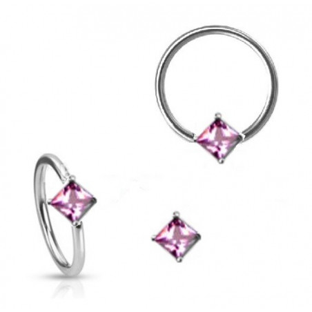 Anneau de piercing en acier chirurgical 1.6mm de diamètre avec cristal rose forme carré pour nombril teton et sexe féminin