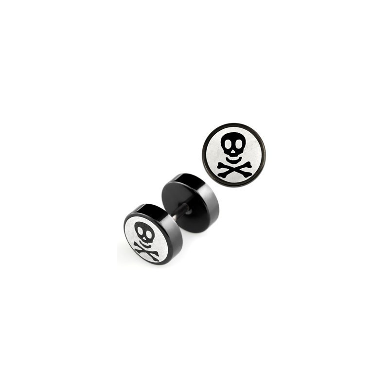 Faux piercing oreille imitation plug écarteur logo tête de mort acier chirurgical noir