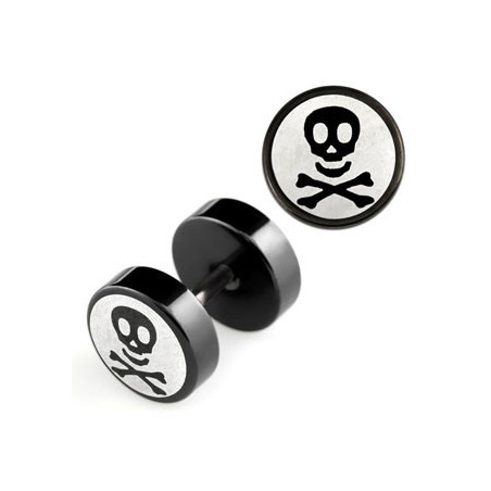 Faux piercing oreille imitation plug écarteur logo tête de mort acier chirurgical noir