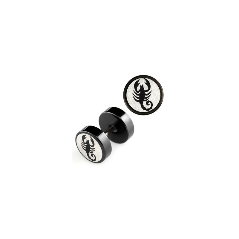 Faux piercing pour oreille imittion plug et écarteur logo scorpion acier noir