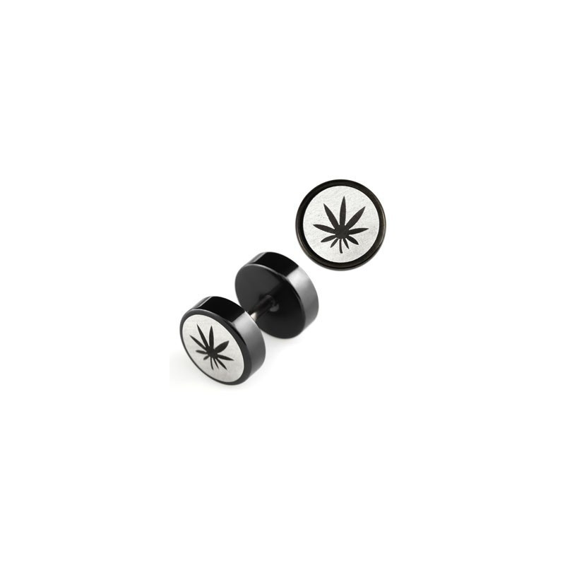 Piercing Oreille faux plug logo feuille de cannabis acier noir imitation écarteur