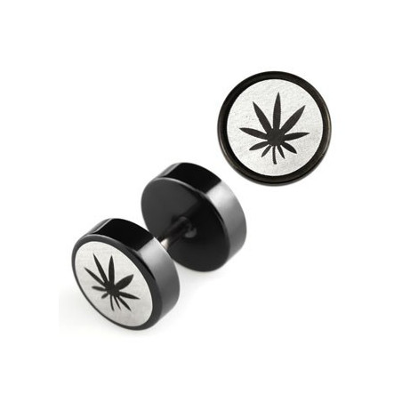 Piercing Oreille faux plug logo feuille de cannabis acier noir imitation écarteur