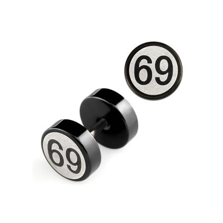 piercing oreille faux plug écarteur logo 69 en acier chirurgical noir