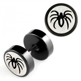 Piercing oreille imitation plug écarteur logo araignée en acier couleur noir