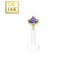 Piercing Labret barre teflon bioflex griff en Or jaune 14 carats Cristal carré couleur violet  2mm