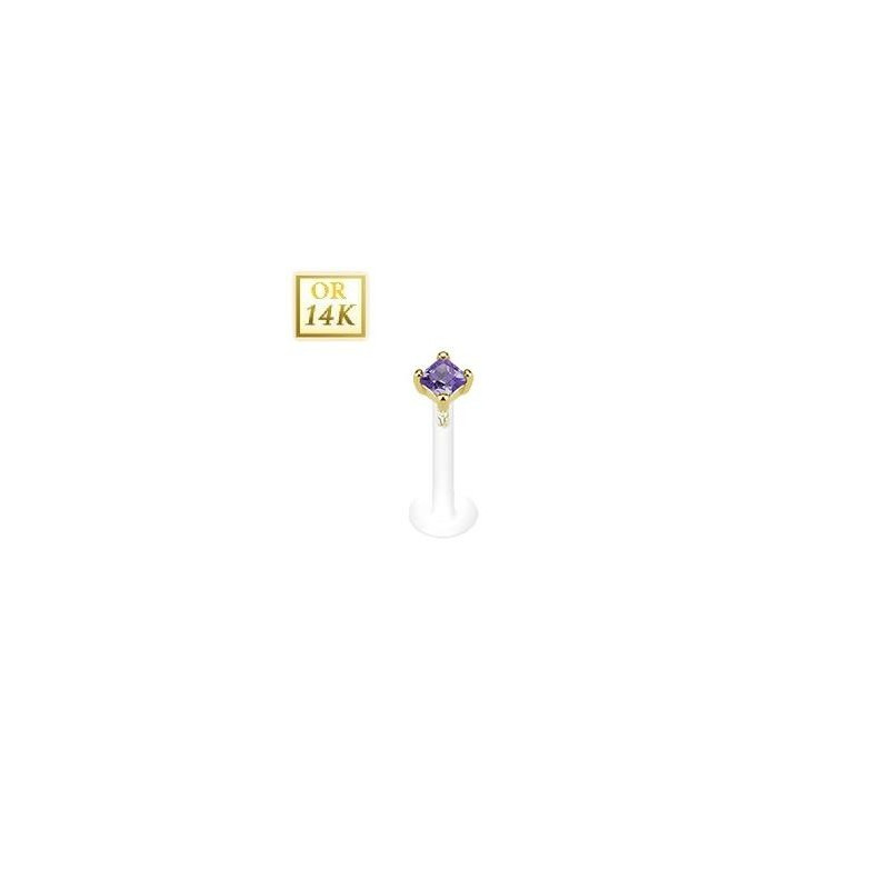 Piercing Labret barre teflon bioflex griff en Or jaune 14 carats Cristal carré couleur violet  2mm
