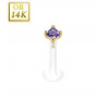 Piercing Labret barre teflon bioflex griff en Or jaune 14 carats Cristal carré couleur violet  2mm