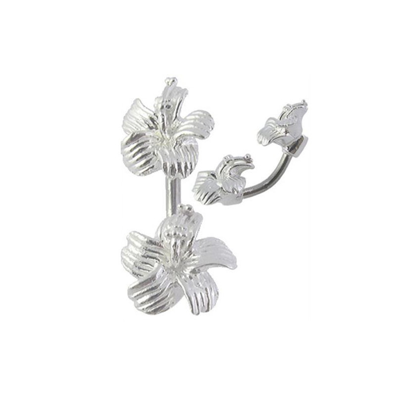 Piercing banane de nombril motif double fleur Hibiscus en argent massif 925 barre titane