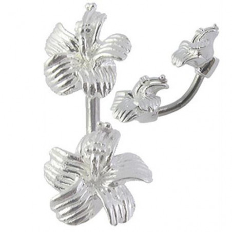 Piercing banane de nombril motif double fleur Hibiscus en argent massif 925 barre titane