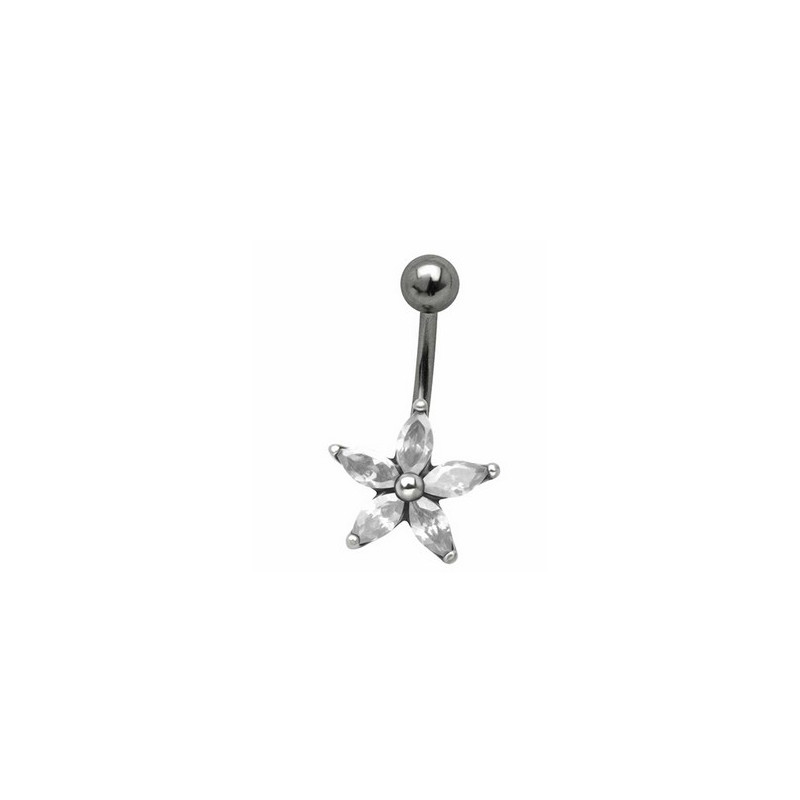 Piercing nombril acier chirurgical de qualité motif fleur cinq pétal en cristal blanc monture acier