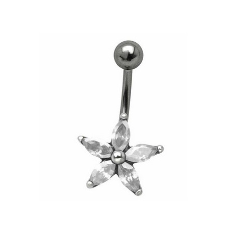 Piercing nombril acier chirurgical de qualité motif fleur cinq pétal en cristal blanc monture acier