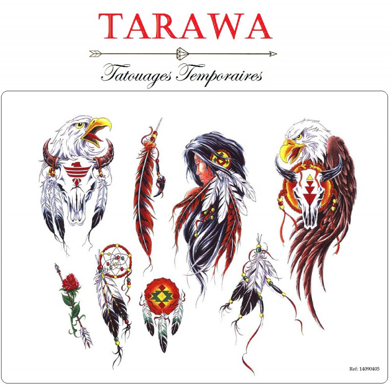 Planche tatouage temporaire couleur aigle plume indien attrape rêve amérendien de la marque tarawa