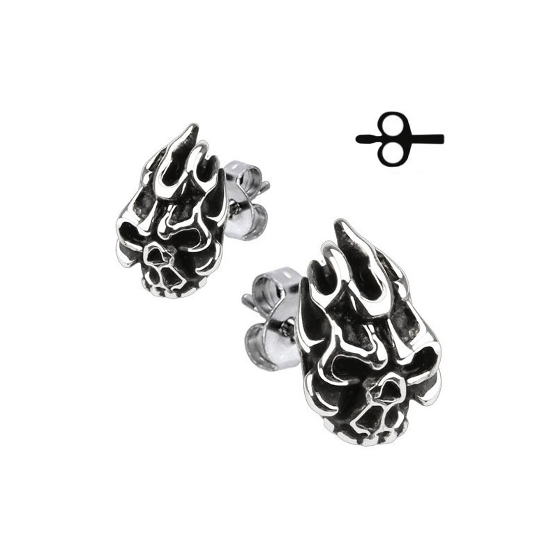 Boucles d'Oreille pour homme motif skull Tete de Mort flame Acier chirurgical inox bicker pas cher