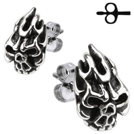 Boucles d'Oreille pour homme motif skull Tete de Mort flame Acier chirurgical inox bicker pas cher