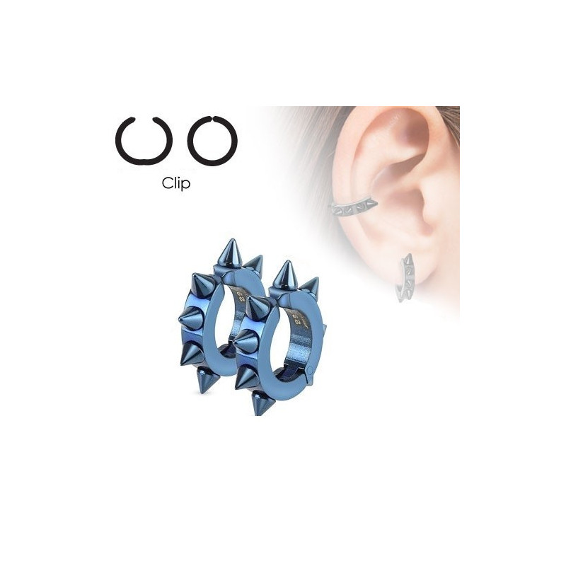 paires de fausse boucles d'oreille à clip en acier chirurgical motif pointe hard rock couleur bleu