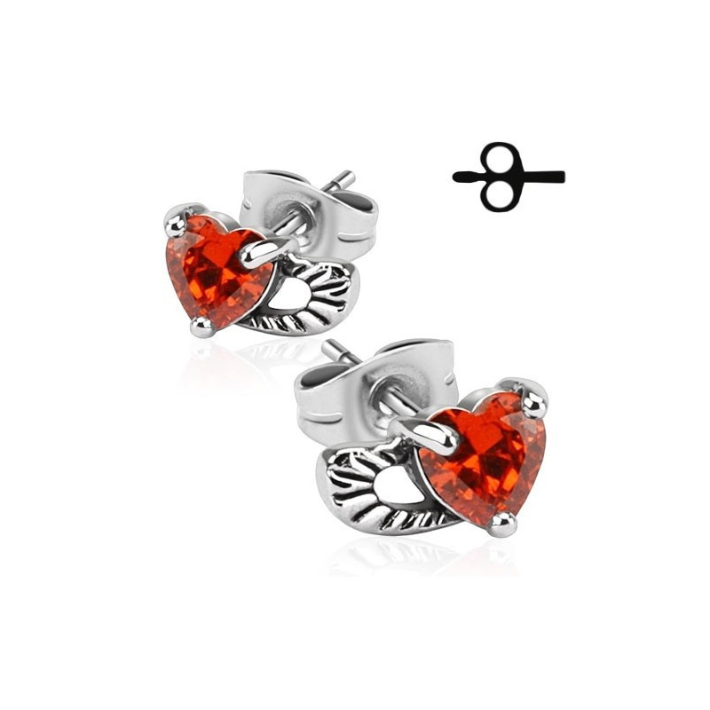 paires de Boucles d'oreille bicker motif Aile d'Ange avec Coeur rouge imitation rubis