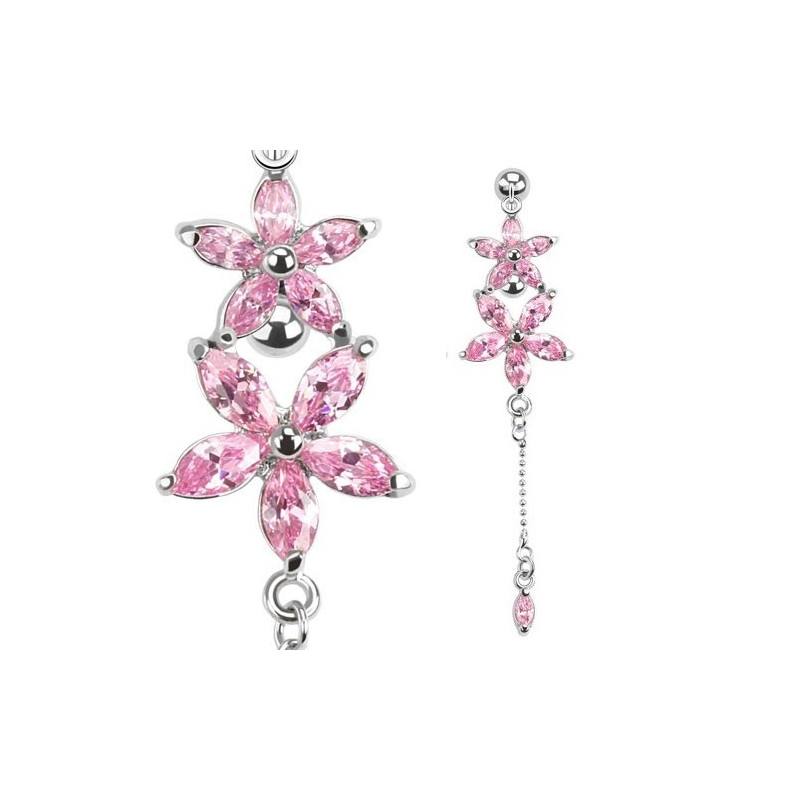 Piercing Nombril inversé motif Fleur cristal oxyde de zirconium de couleur rose en acier chirurgical