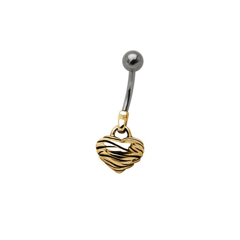 Piercing nombril pendentif coeur zebré plaqué or  barre en acier chirurgical