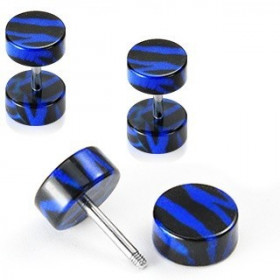 piercing oreille Faux écarteur motif zébré noir et bleu en acrylique barre en acier chirurgical pas cher