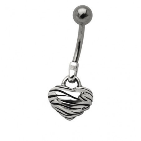 Piercing nombril en acier chirurgical plaqué argent.

Piercing avec un pendentif en forme de cœur comportant un motif zébré.