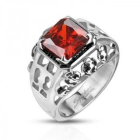 Bague chevalière acier pour femme motif fleur de lys royal rubis cristal rouge